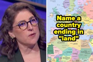 Mayim Bialik thinking and a map.