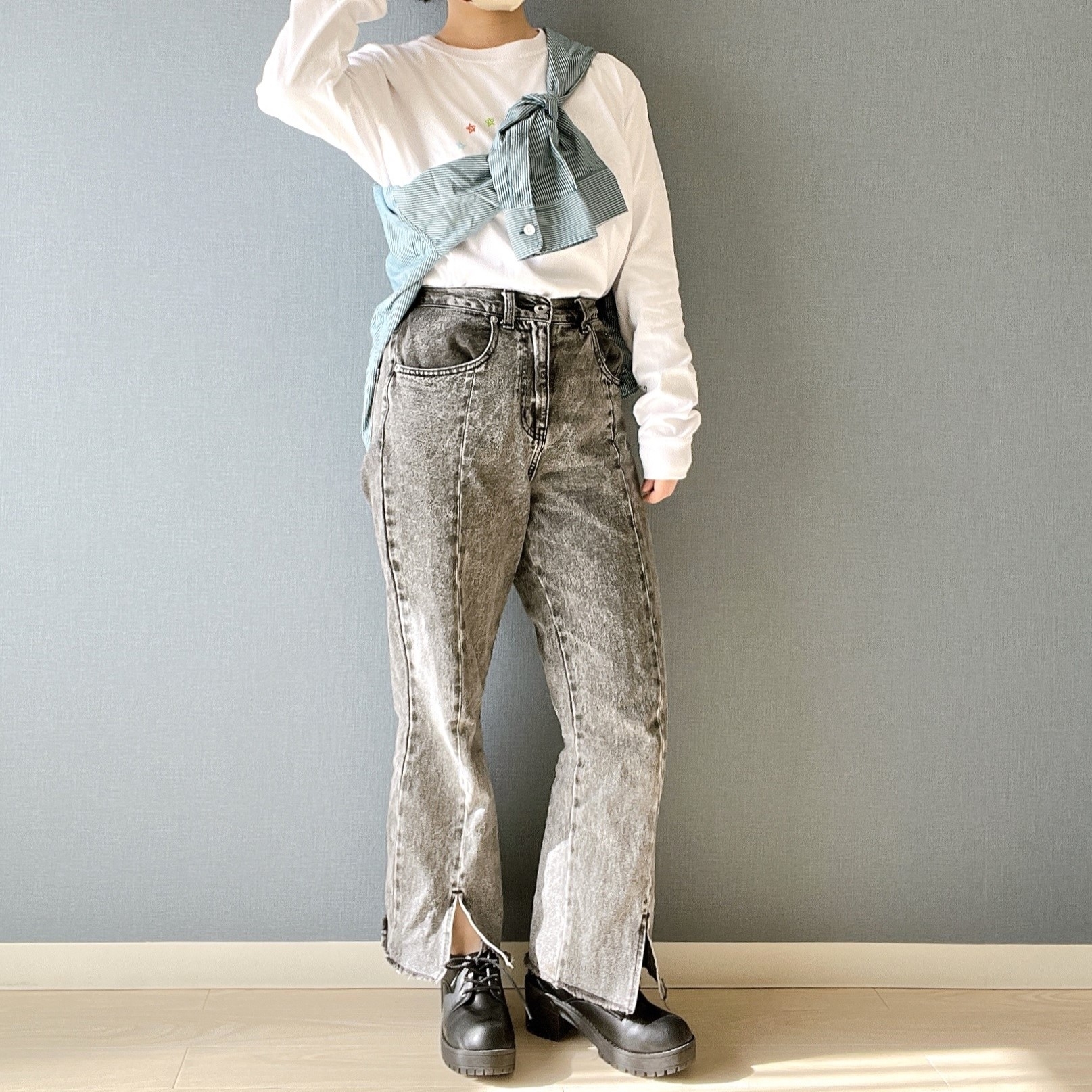 無印良品のオススメのシャツ「婦人 洗いざらし ブロードレギュラーカラー長袖シャツ」のコーディネート