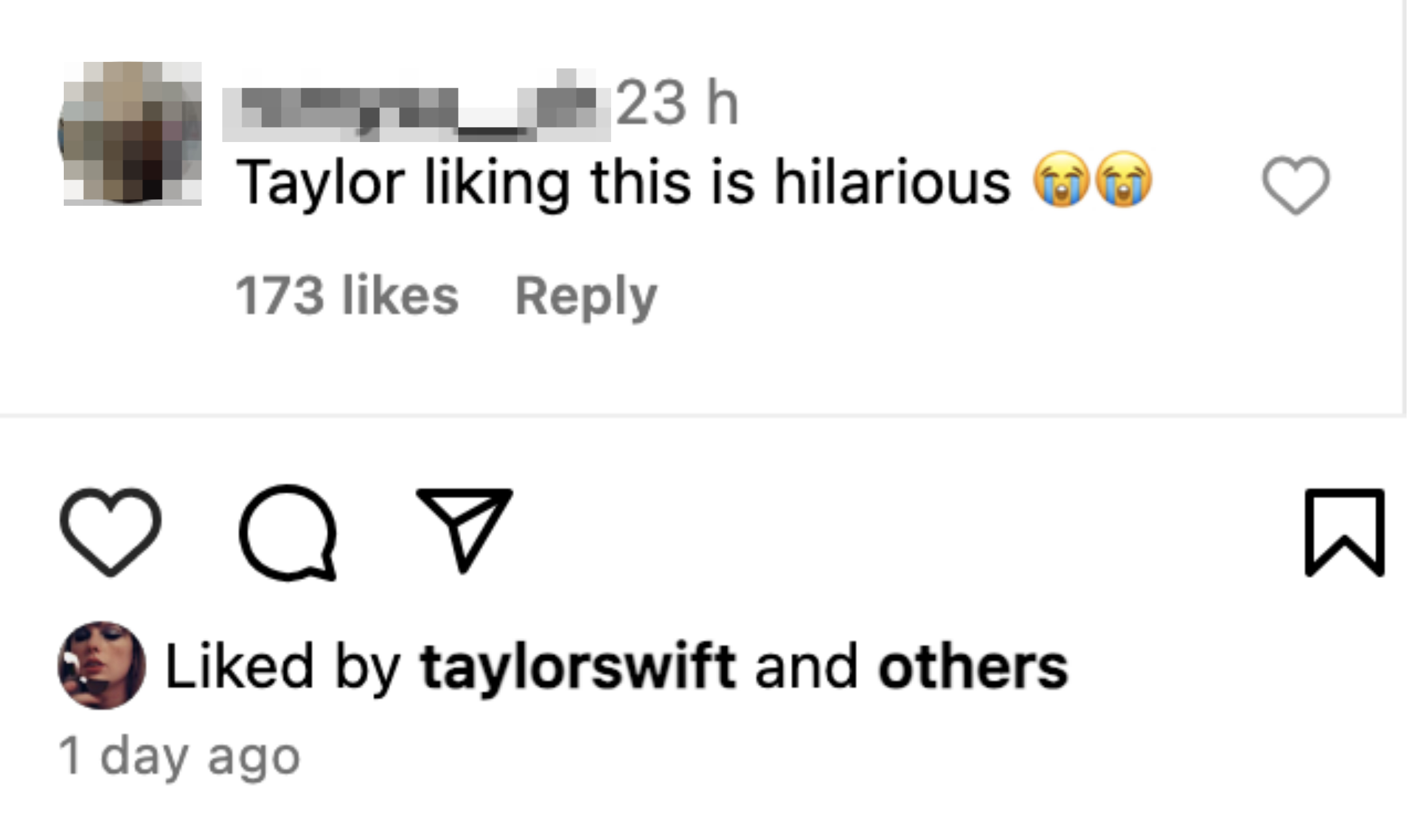 &quot;Taylor liking this is hilarious&quot; and a notification that Taylor liked the post