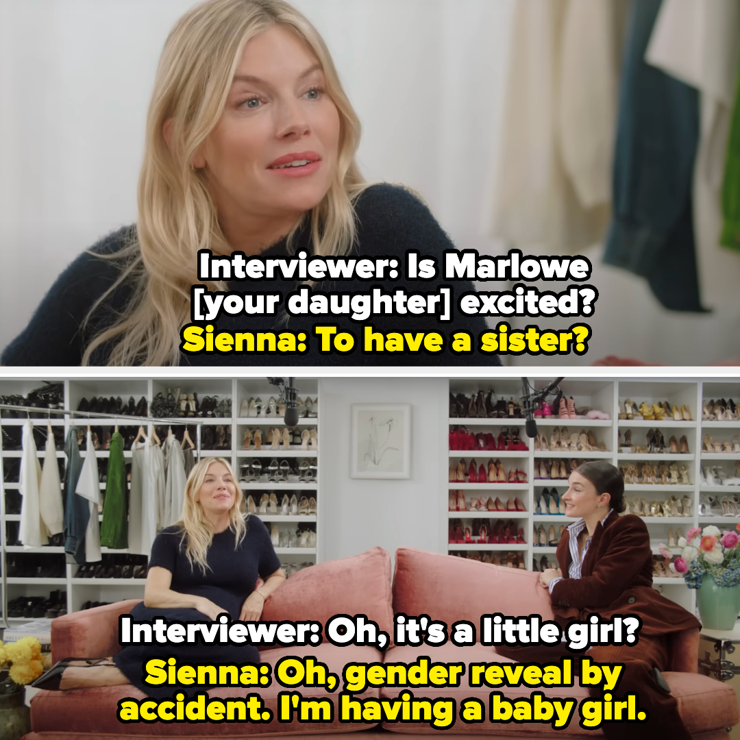 sienna sitting with the interviewer on a couch saying, oh gender reveal by accident, i&#x27;m having a baby girl