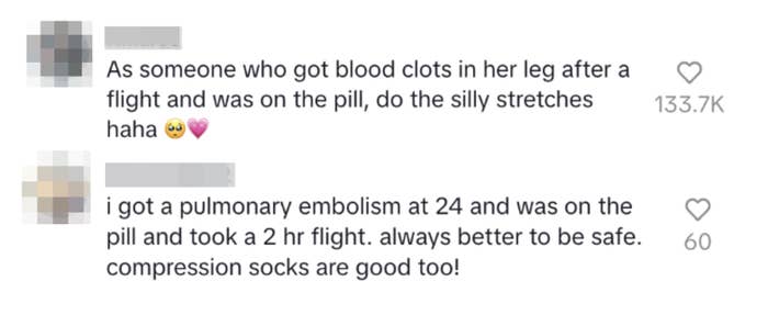 People commenting who had a pulmonary embolisms and clotting while flying and on birth control pills