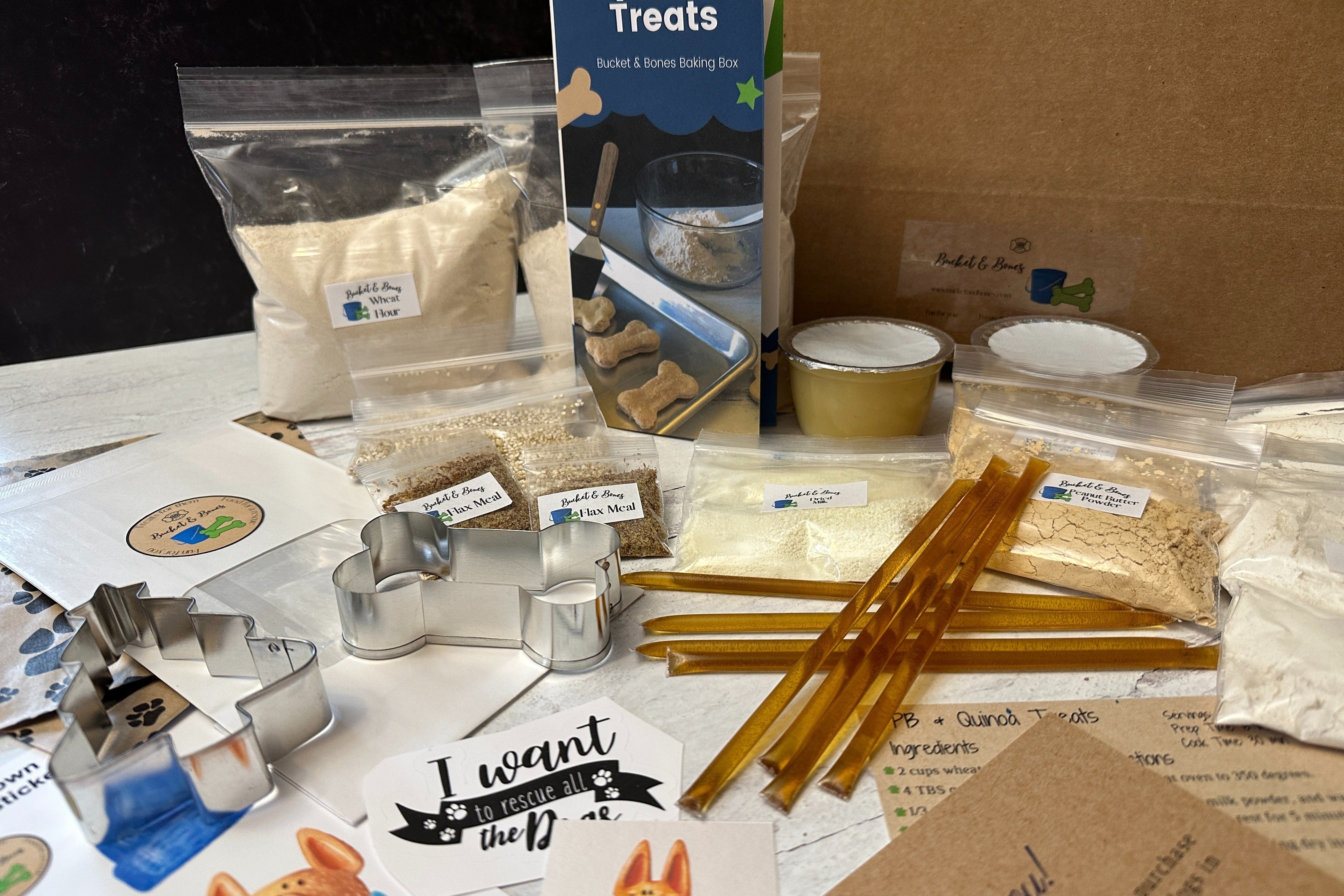 The baking ingredients and tools included in the box
