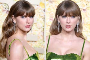 Side by side of Taylor Swift on the red carpet for the Golden Globes