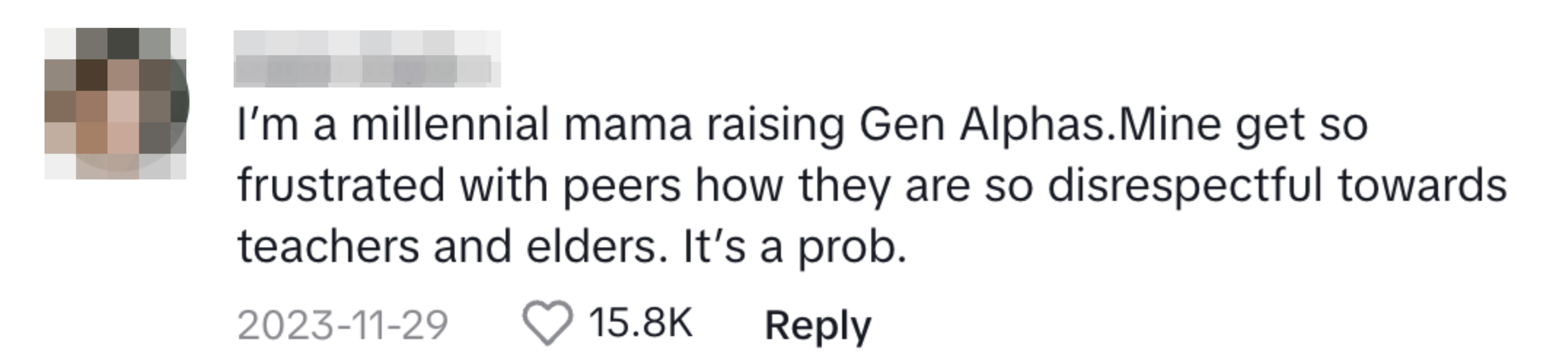 A millennial mom saying that Gen Alphas are disrespectful to teachers and elders