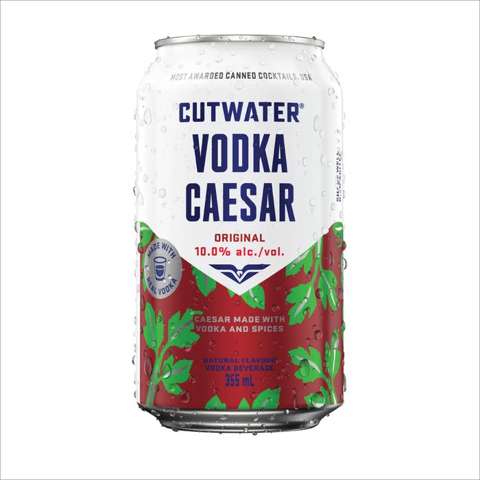Can of Cutwater Vodka Caesar cocktail with logo and alcohol content details