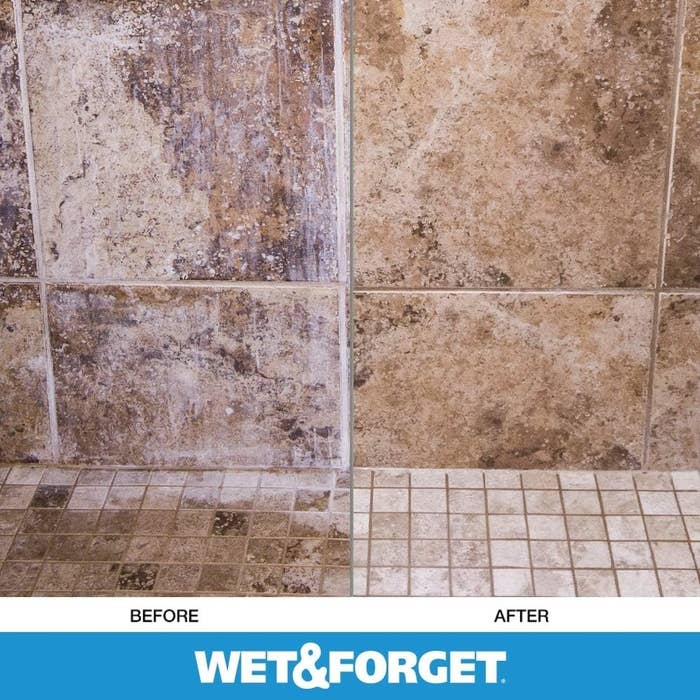 a shower before, tile covered in hard water stains, and after, no hard water stains in sight