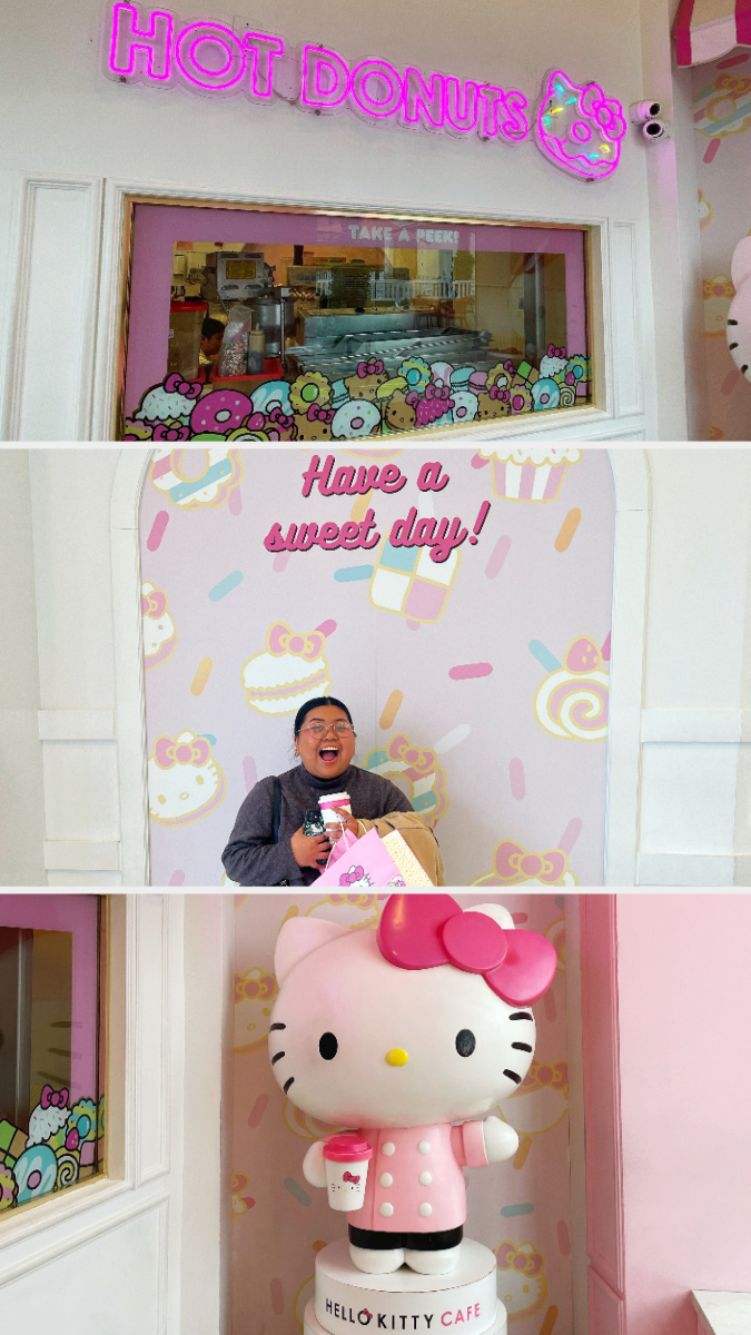 There&#x27;s a window for hot donuts, a big Hello Kitty statue, and the author posing inside the Hello Kitty Cafe
