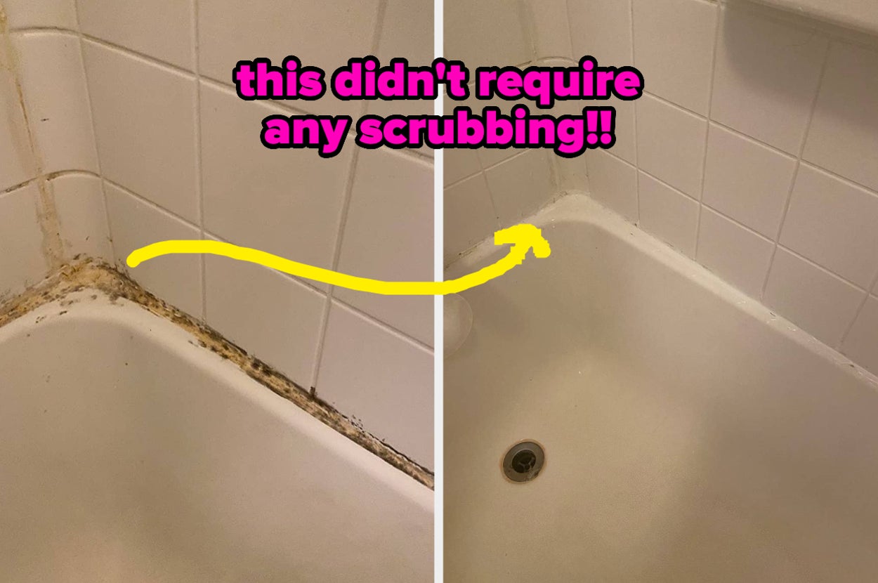 reviewer's tub with brown and black gunk in the edges and after looking all clean "this didn't require any scrubbing"