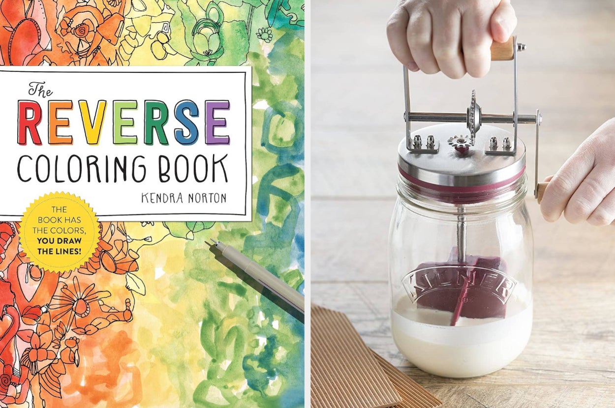 coloring book and butter churner 