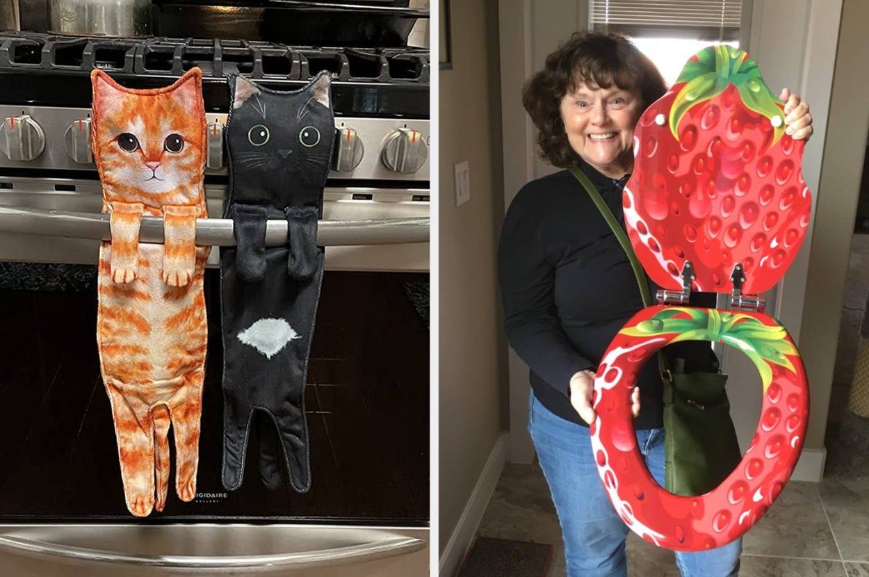 two cat dish towels; a reviewer holding a strawberry toilet seat