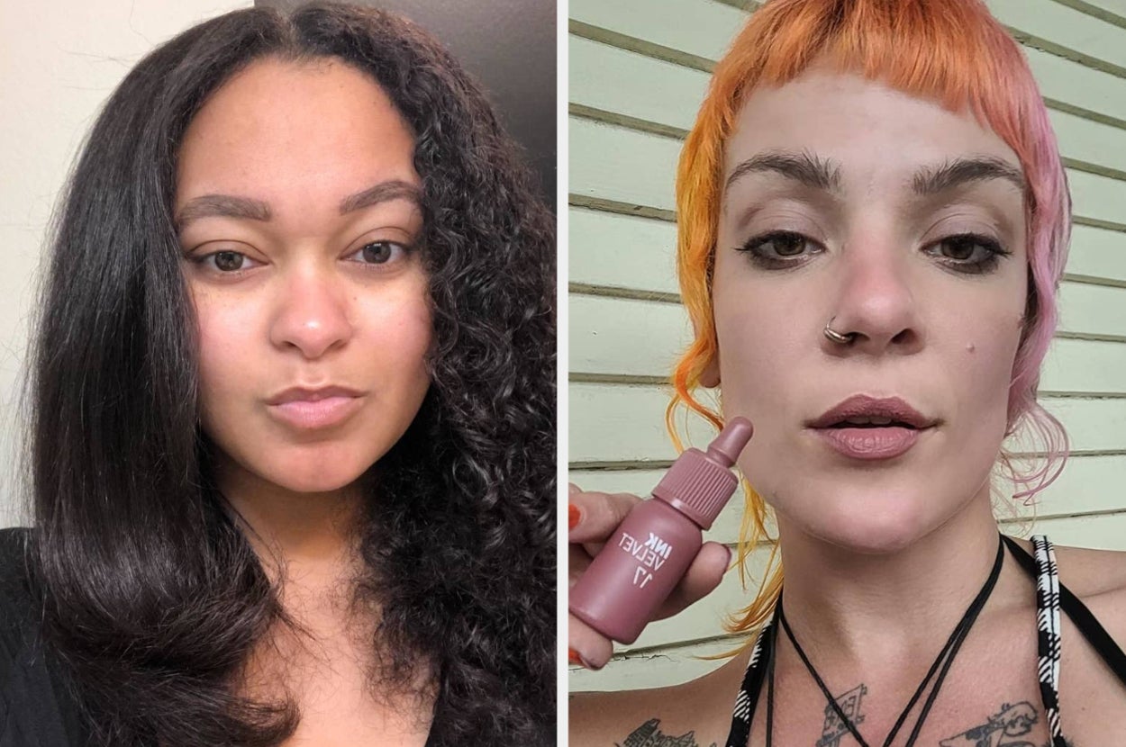 a reviewer with half curly hair and half blown out hair / a reviewer holding a light pink lip tint