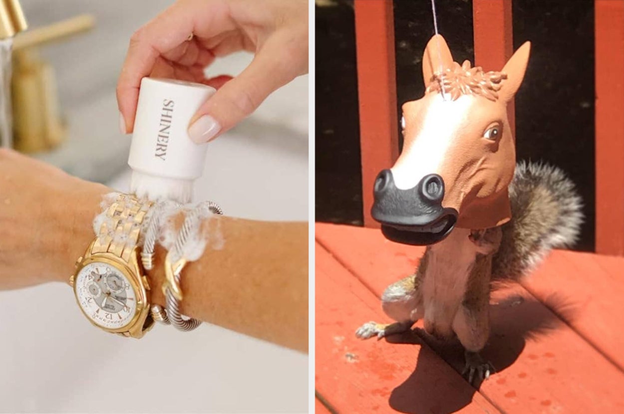 a model cleaning their jewelry with a brush / a squirrel with its head in a horse head shaped feeder