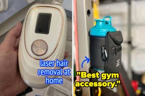 reviewer holding at home laser hair removal tool and reviewers water bottle in water bottle pouch sleeve