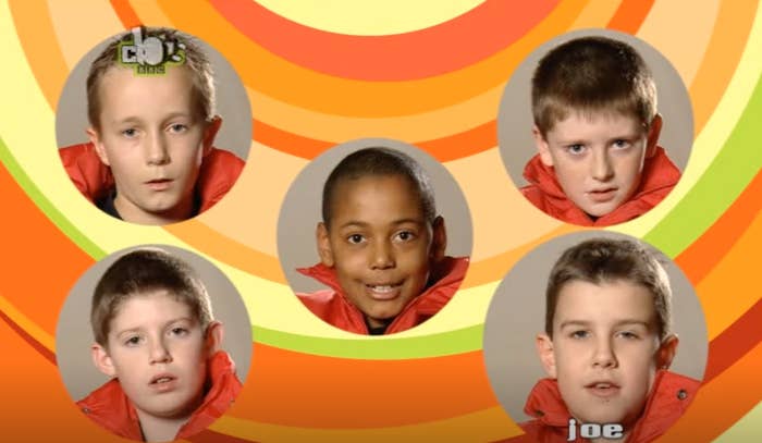 Five children wearing red jackets smile at the camera in circles with a colorful background.