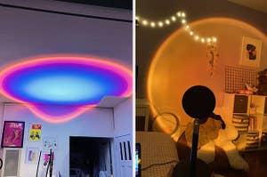 left: reviewer photo of sunset lamp shining blue sunset onto ceiling. right: reviewer photo of sunset lamp shining onto bedroom wall.