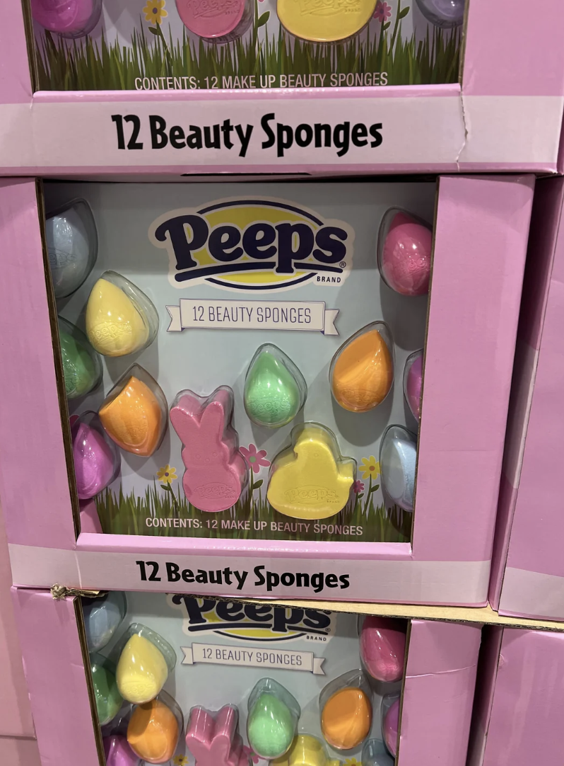 A display of Peeps-brand beauty sponges that are in the shape and color of bunnies, eggs, and rabbits