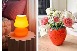 left: an orange lamp; right: strawberry-shaped vase with flowers inside