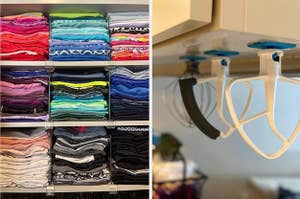 stacks of t shirts on shelves organized using clear dividers / under-cabinet hooks holding kitchenaid attachments