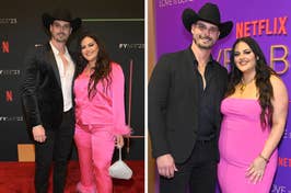 Alexa and Brennon from Love Is Blind on the red carpet vs Alexa and Brennon from Love Is Blind pose for a photo on the red carpet