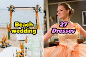 An orange wedding alter on a beach and a puffy orange dress in "27 Dresses."