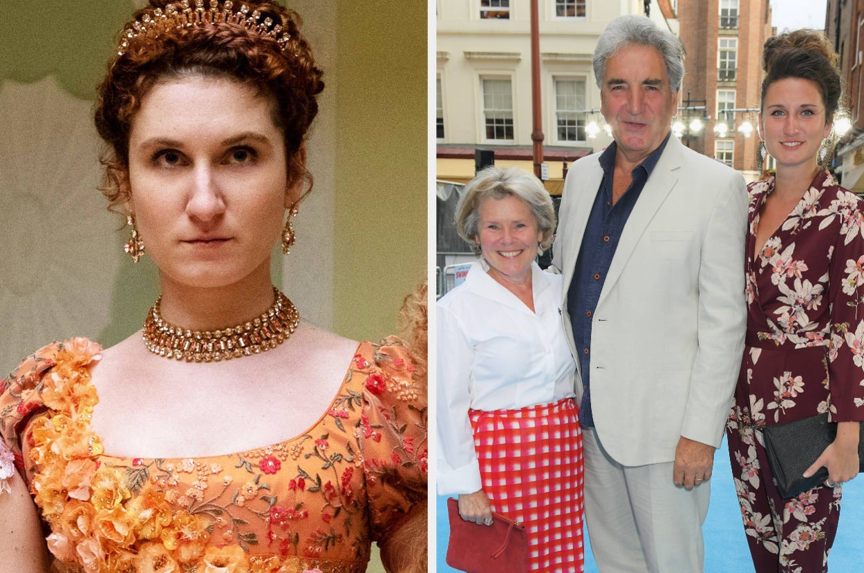 Bessie Carter in Bridgerton vs Bessie with her parents Jim Carter and Imelda Staunton