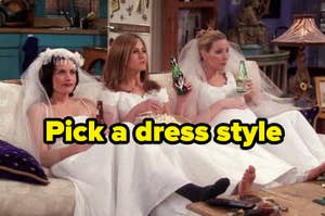 Monica, Rachel, and Phoebe sitting in wedding dresses drinking beer. 