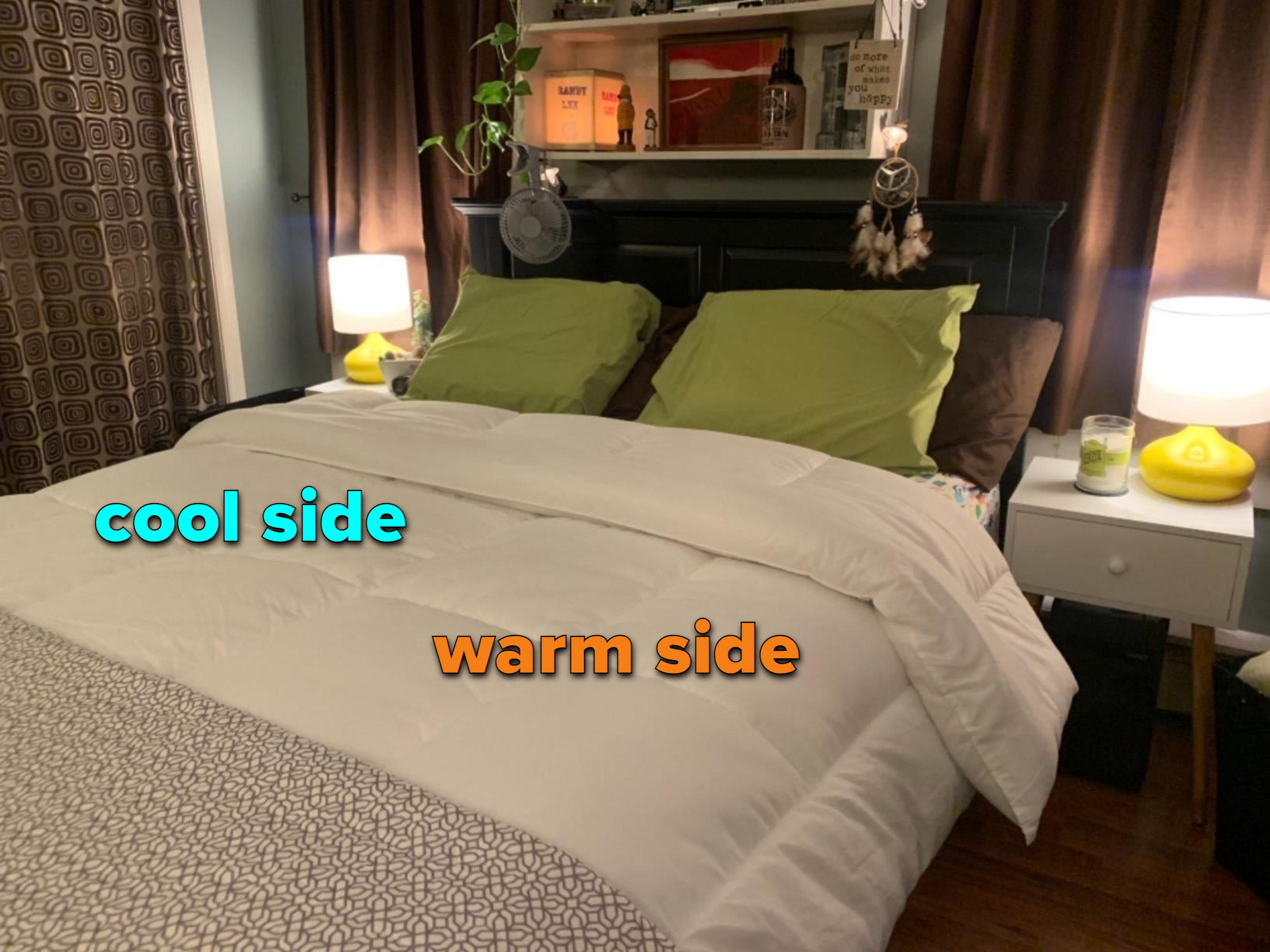 a comforter on a bed with one warm side and one cool side