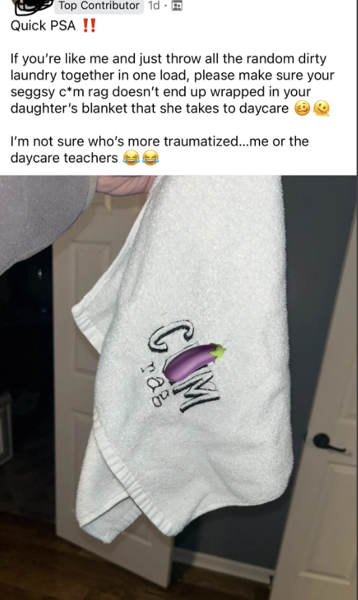 A towel that says "cum rag"