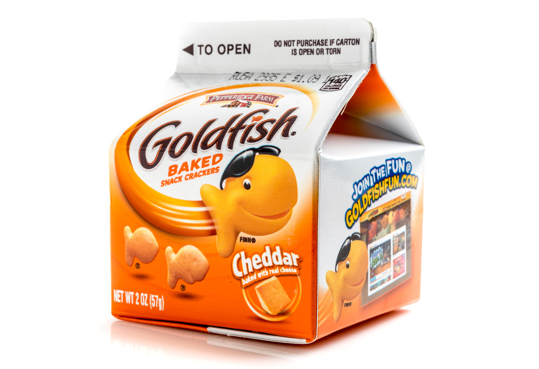 Carton Container of Pepperidge Fram Goldfish baked snack cheddar flavored crackers on white background.