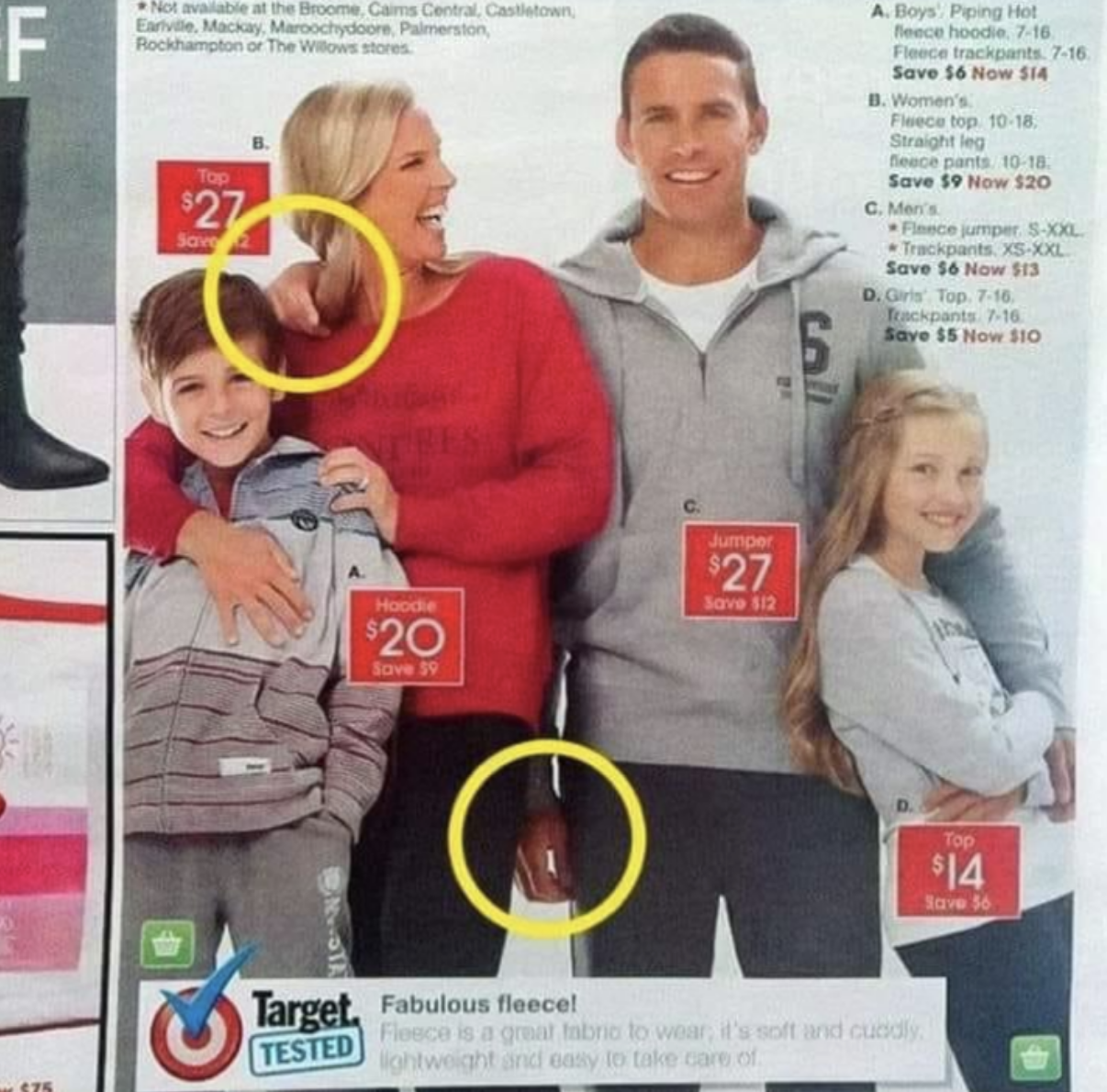 It's a clothing ad showing a family. and the dad has two right hands, one around his wife's shoulder and one hanging down