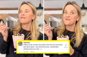 reese witherspoon eating snow ice cream out of a mug