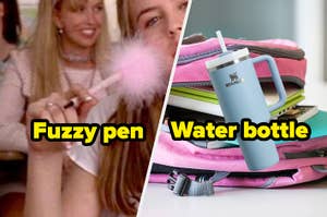 A fuzzy pen and a Stanley water bottle.
