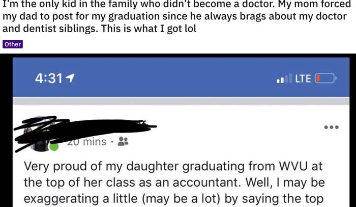 A Facebook post from a father congratulating his daughter for graduating top of her class, then says &quot;I may be exaggerating a little (maybe a lot) by saying the top&quot;
