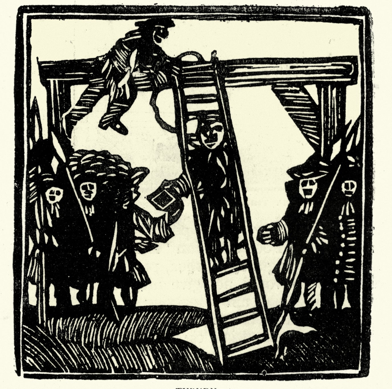 Rendering of a hanging taking place