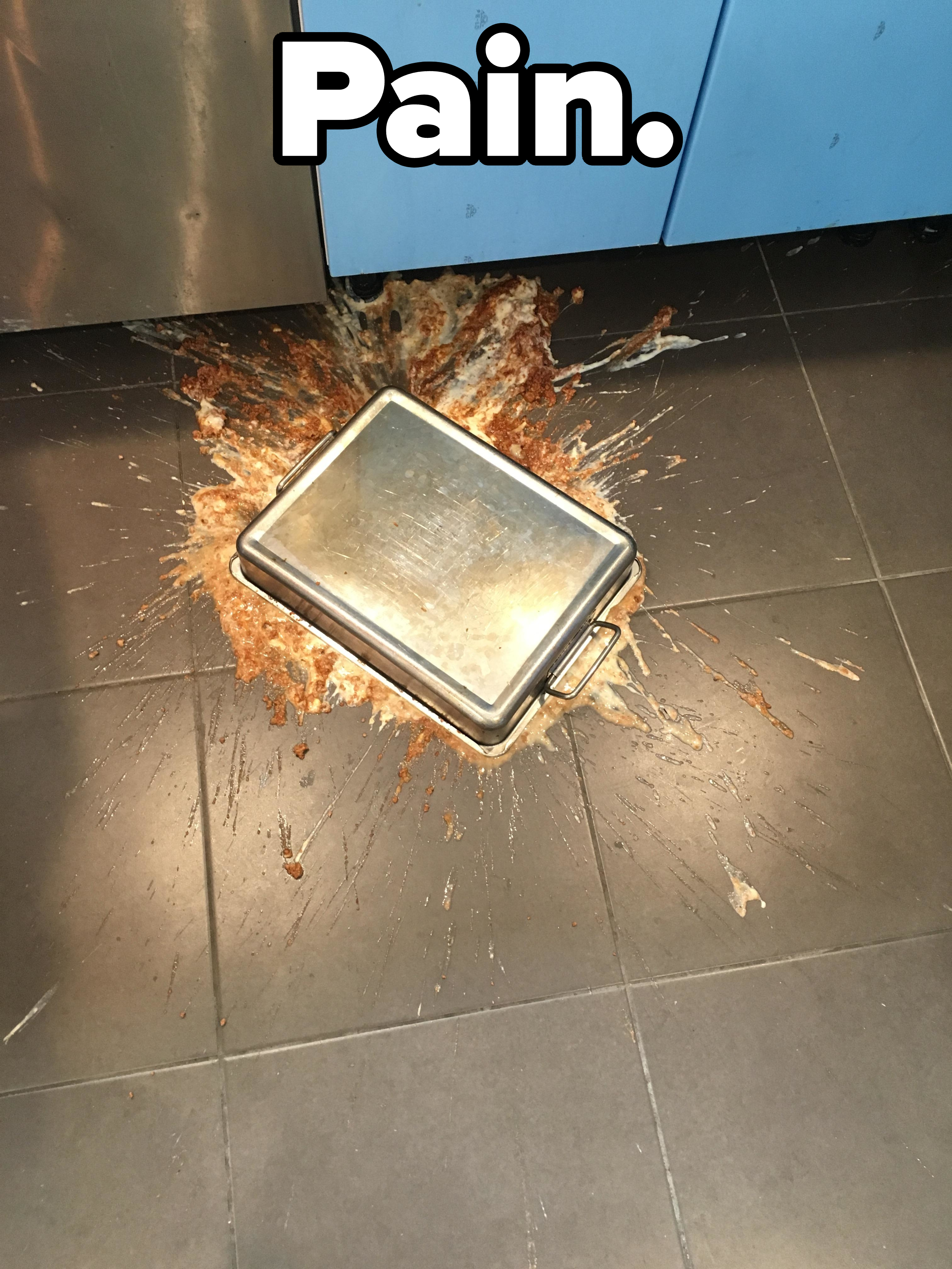 &quot;Pain&quot;: A pan of lasagna fallen on the kitchen floor