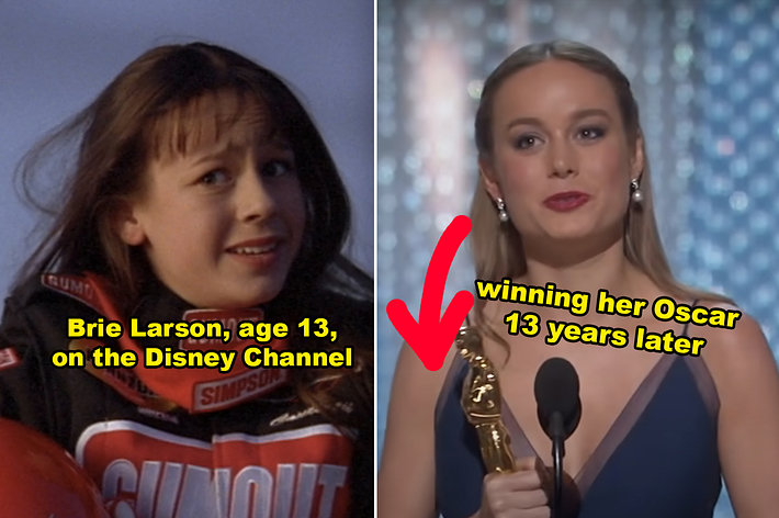 Side-by-sides of Brie Larson in "Right on Track" as a kid vs. her accepting her Oscar
