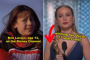 Side-by-sides of Brie Larson in "Right on Track" as a kid vs. her accepting her Oscar