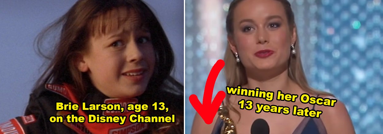 Side-by-sides of Brie Larson in "Right on Track" as a kid vs. her accepting her Oscar