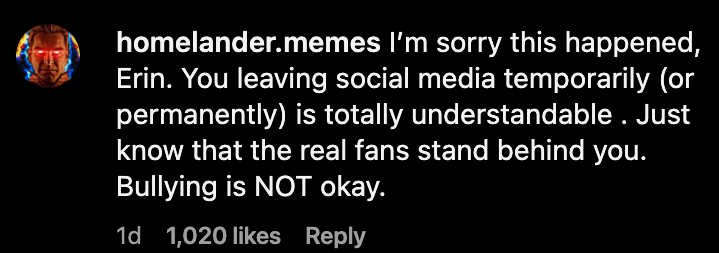 im sorry this happened erin. you leaving social media temporarily or permanently is totally understandable. just know that the real fans stand behind you. bullying is not okay