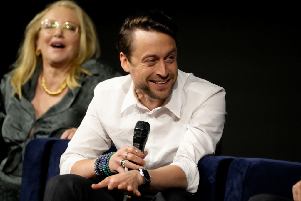J. Smith-Cameron and Kieran Culkin laughing during an onstage interview