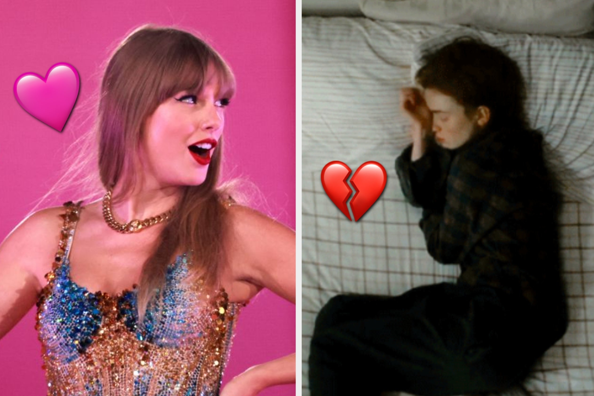 On the left, Taylor Swift smiling and looking off to the side at the Eras Tour, and on the right, Sadie Sink lying in bed in the All Too Well short film