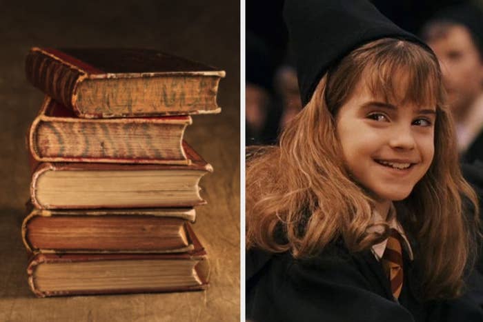 On the left, a stack of old books, and on the right, Emma Watson as Hermione Granger in Harry Potter and the Sorcerer&#x27;s Stone