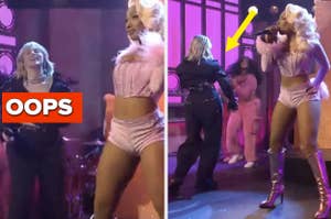 Renee Rapp performs with Megan Thee Stallion vs Renee Rapp fixes her top while performing on SNL with Megan Thee Stallion
