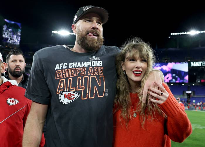 Closeup of Travis Kelce and Taylor Swift on the field