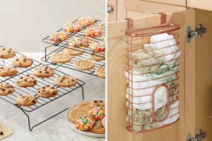 left: Cookies on the stackable cooling racks; right: bag holder over cabinet holding bags