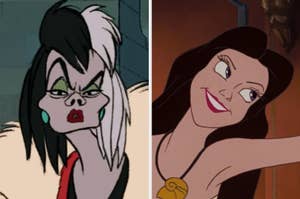 On the left, Cruella de Vil from 101 Dalmatians, and on the right, Vanessa from The Little Mermaid