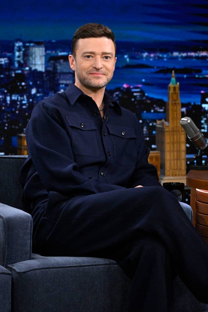 Closeup of Justin Timberlake sitting on a couch for an interview