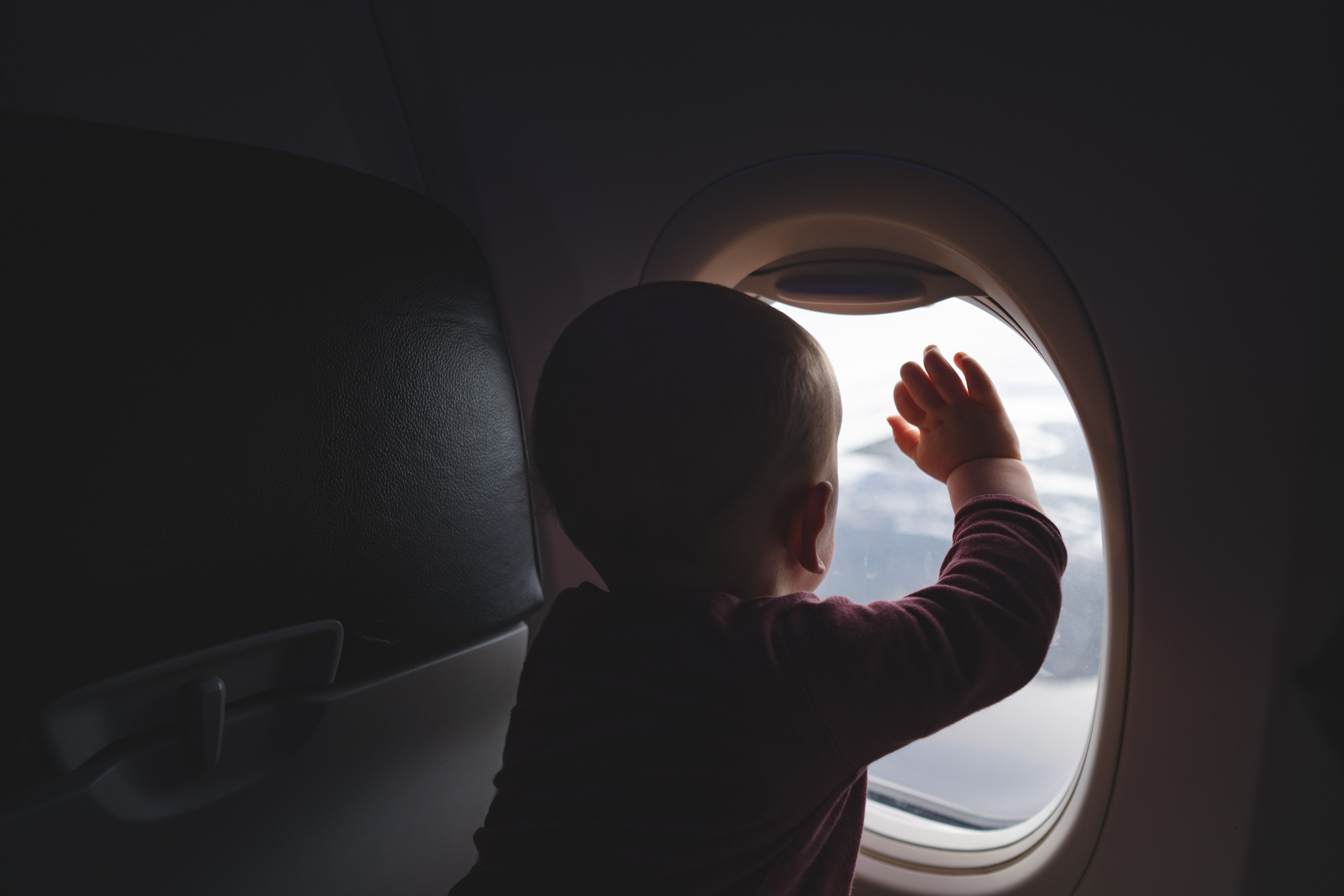 A child looking out a plane window