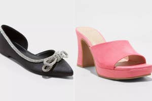 on left: black flats with sparkly bow design. on right: pink suede open-toe mules with heel