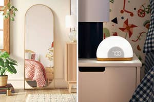 on the left, gold-tone arched floor mirror. on the right, arc-shaped illuminated wake-up light clock